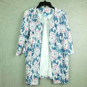 Koret Women's Jacket Petite Medium PM Blue White Pink Paisley Duster Long Sleeve